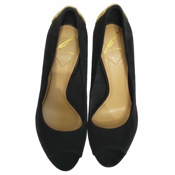 NWOT BRIAN ATWOOD DESIGNER B-RAJA BLACK GOLD EMBROIDERED SUEDE PEEP TOE HEELS - Picture 2 of 10